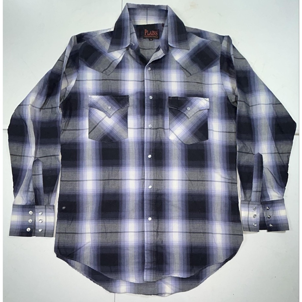 Plains Western Wear Shirt Mens S Gray Plaid Long Sleeve Western Snap Button Up